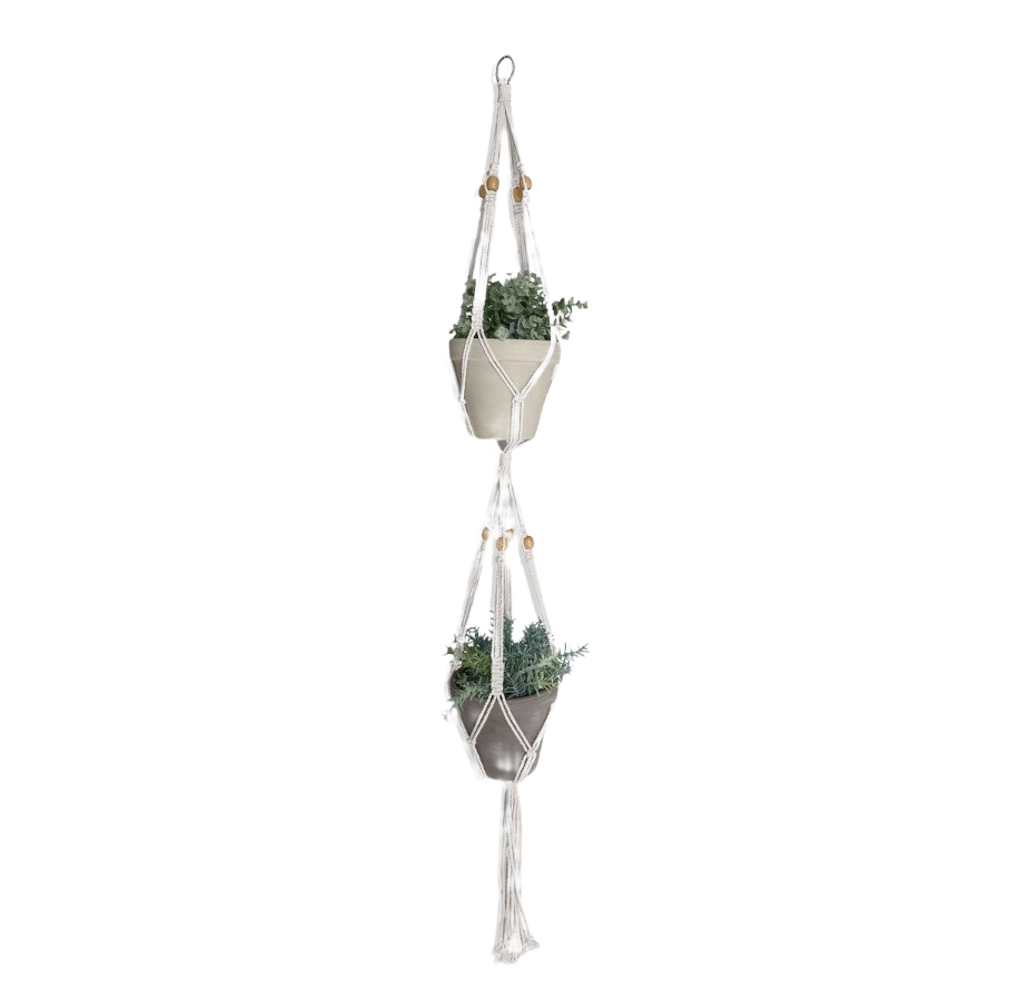 Handcrafted natural cotton macrame hanger for two pots with metal ring, fitting decor collections under $50 and home accents