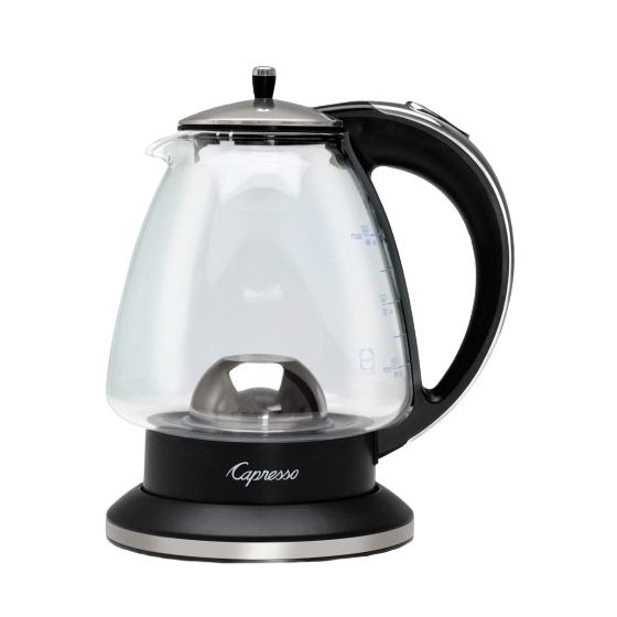 Clear glass electric kettle with black handle and base, designed for home use and water heating tasks