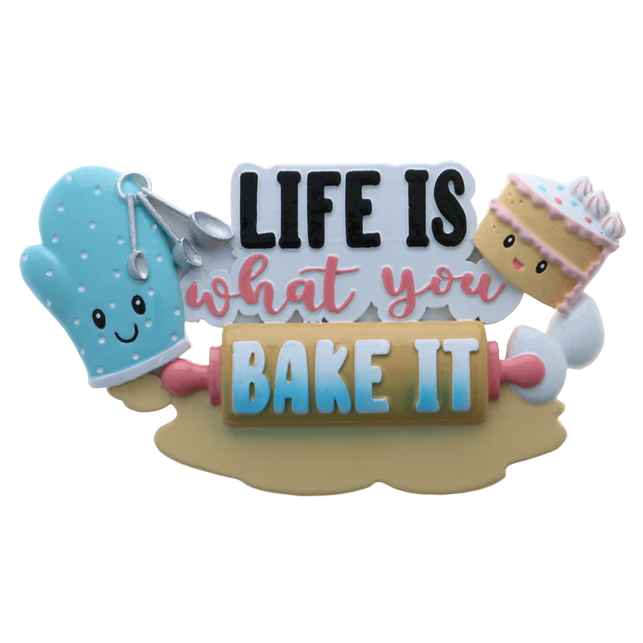 Cheerful baking-themed Christmas ornament with rolling pin, oven mitt, and cake slice for holiday tree decorations under $50 collection