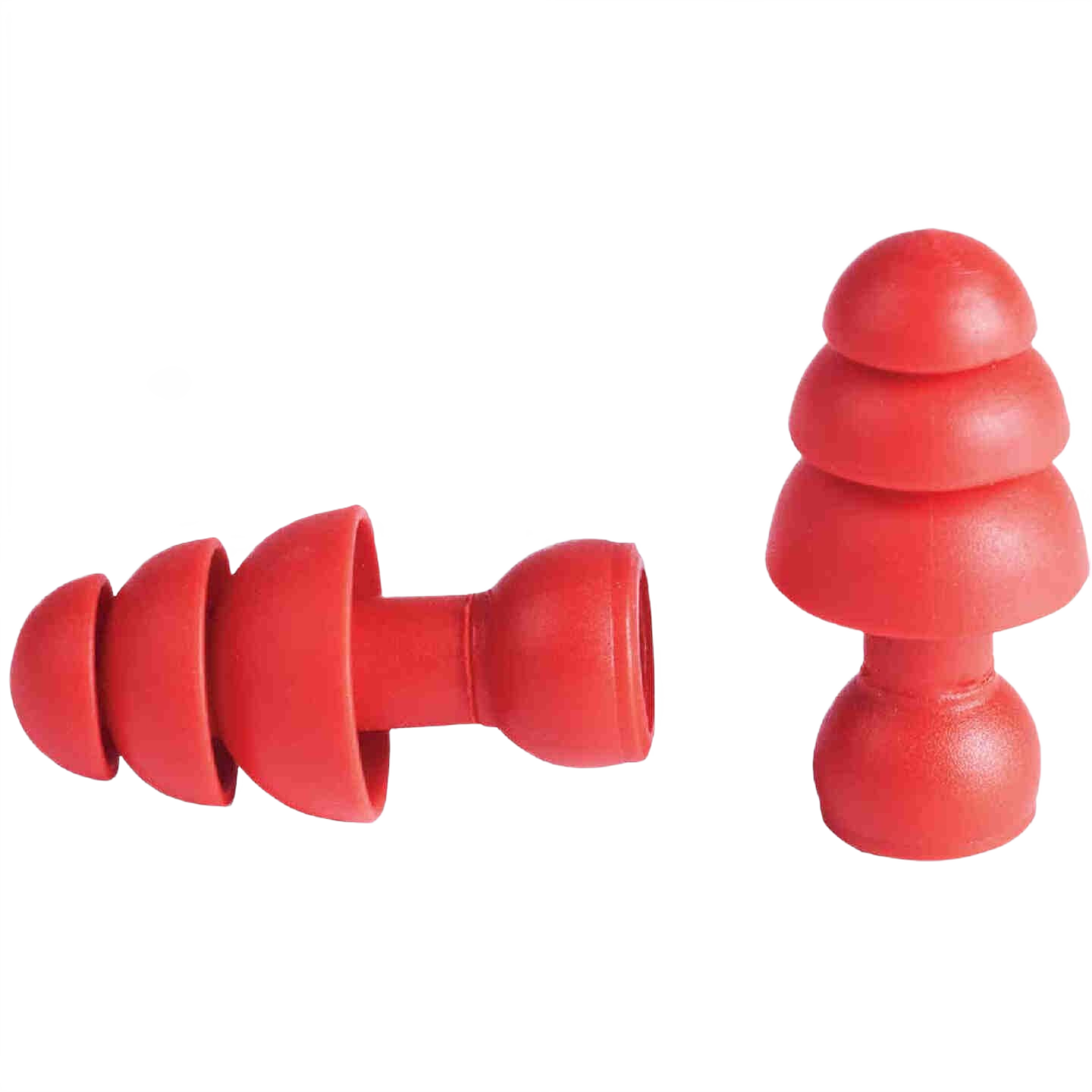 Pair of red banded flanged ear plugs designed for hearing protection in tools and home improvement settings