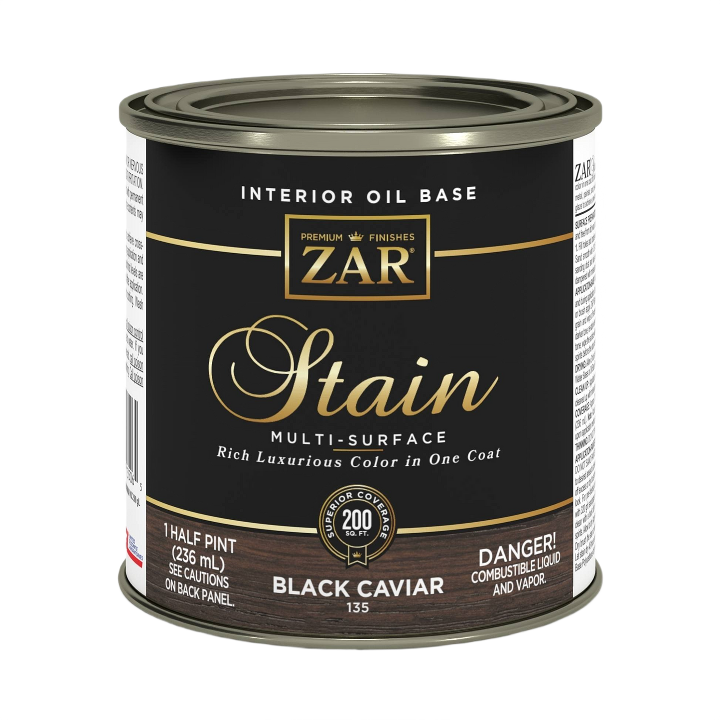 Can of ZAR interior oil base wood stain in Black Caviar for multi-surface use in stains and finishes collections