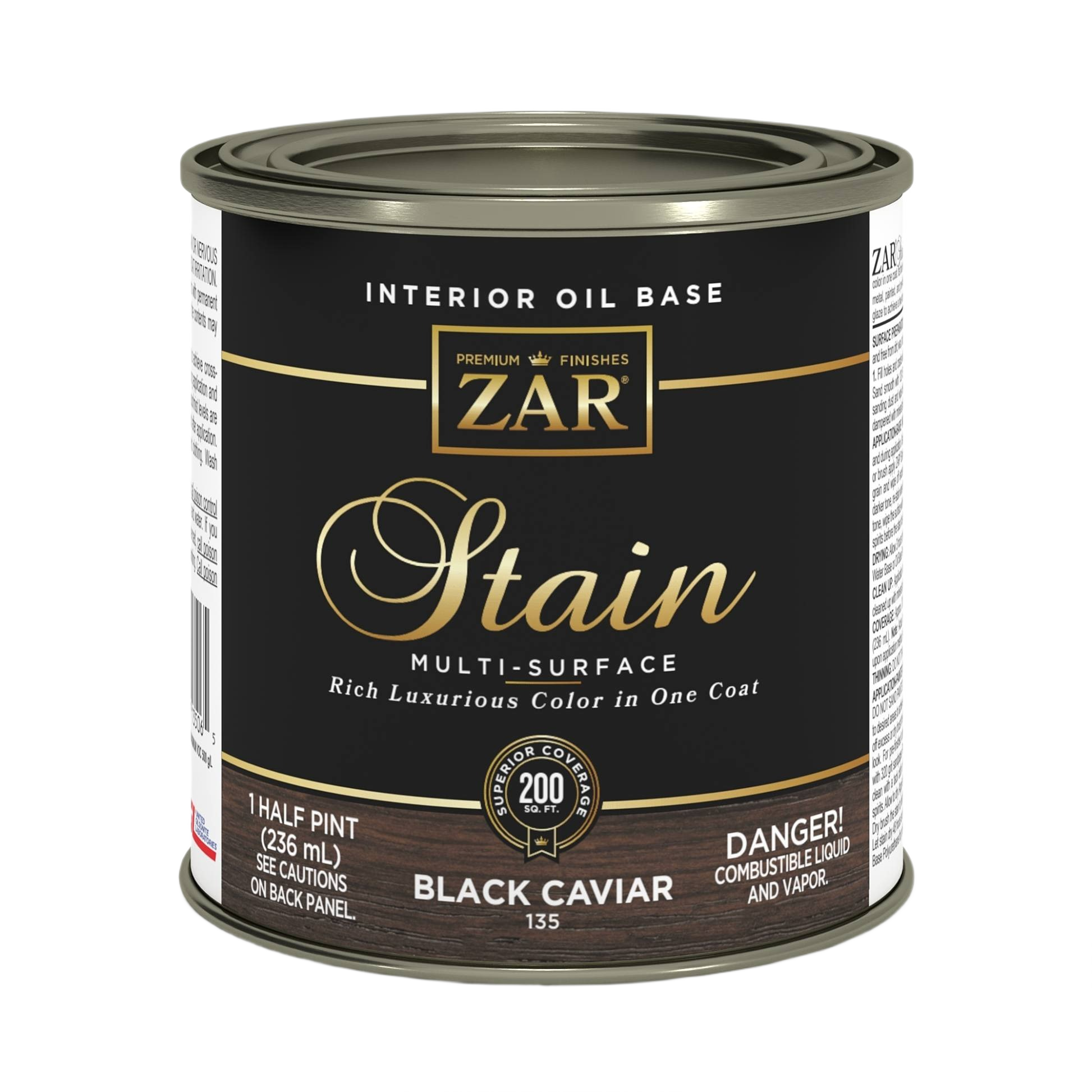 Can of ZAR interior oil base wood stain in Black Caviar for multi-surface use in stains and finishes collections