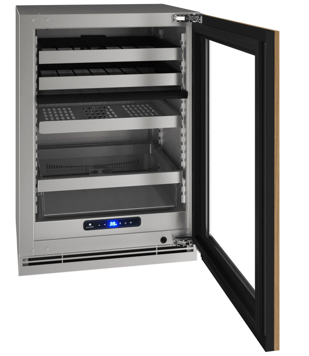 Stainless steel beverage center with digital temperature display, slide-out shelves, and clear storage drawer in appliances collection