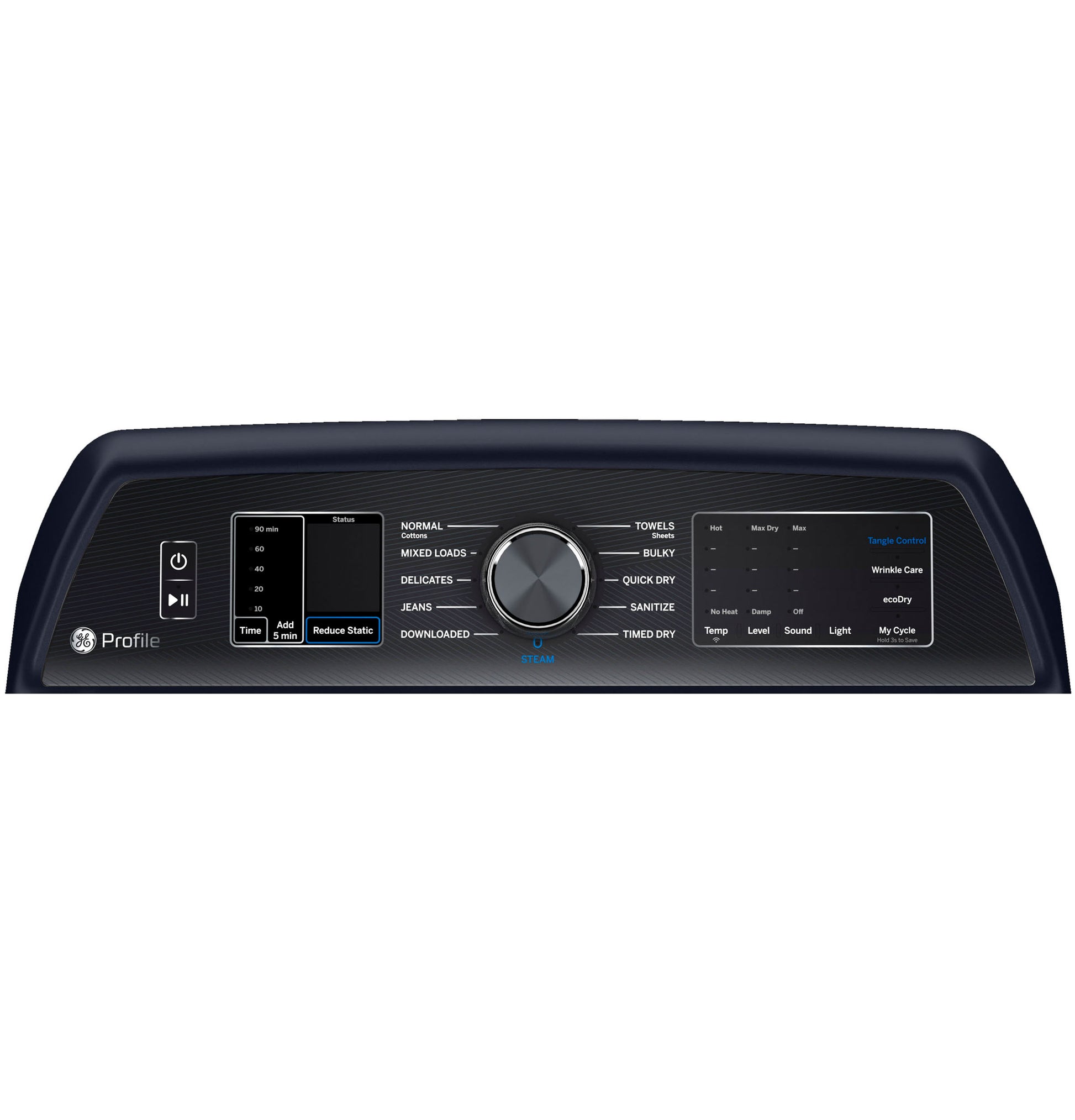 Control panel of black GE Profile smart gas dryer with cycle knob, LED display, and multiple drying options in Appliances collection