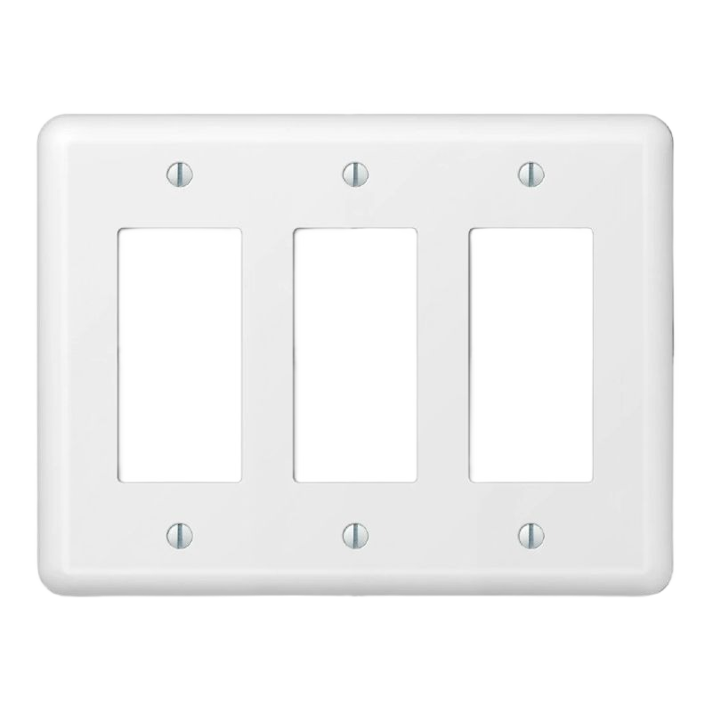 White steel 3-rocker wallplate with six mounting screws for electrical outlets and switches in home improvement collections