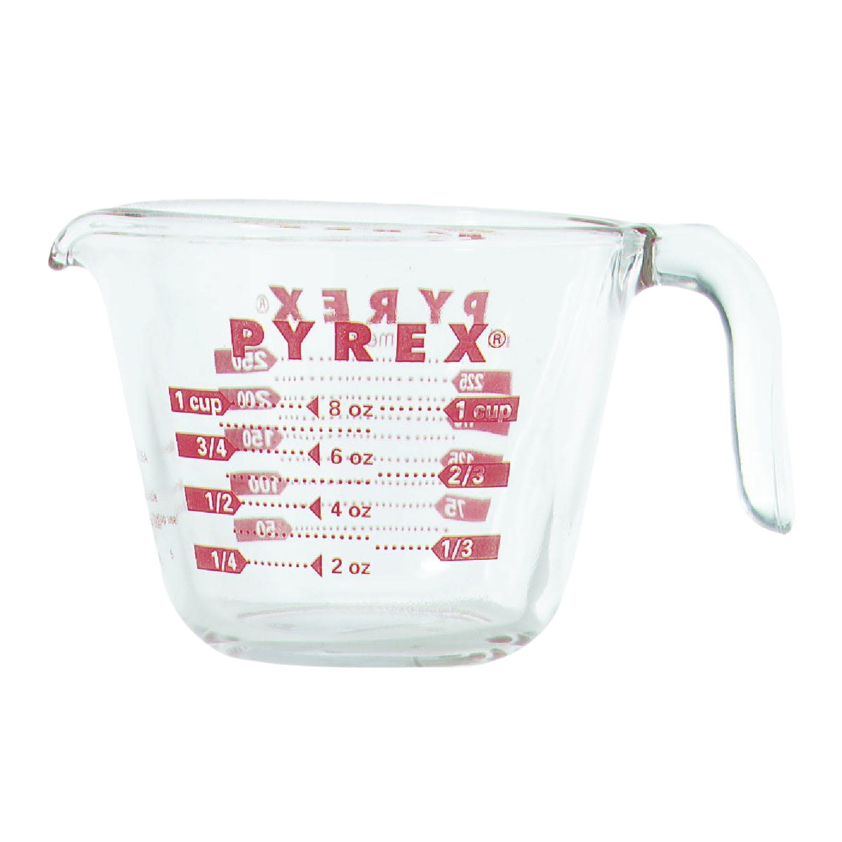 Clear glass measuring cup with red ounce and metric markings and a full-grip handle for kitchenware use under $50