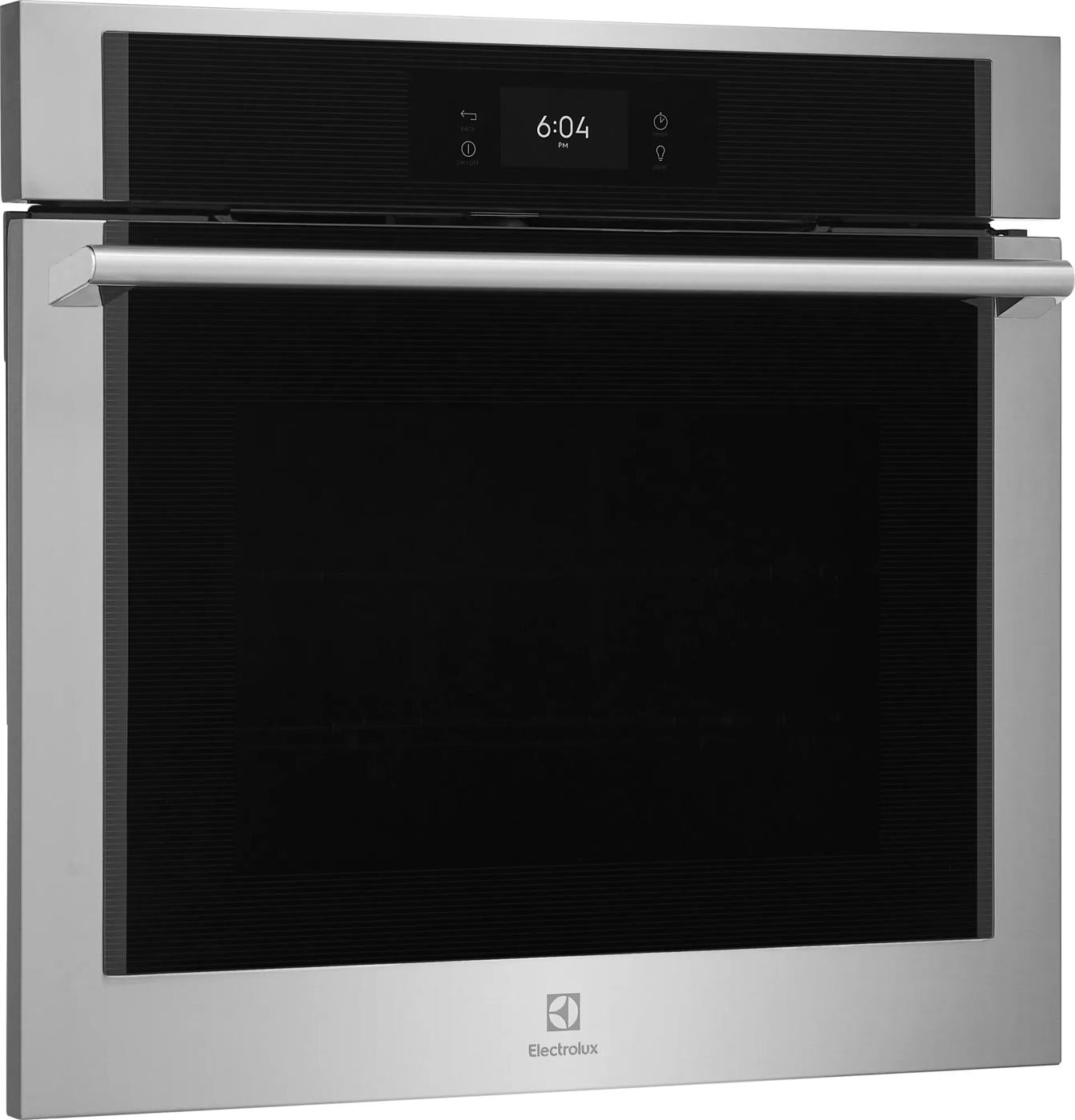 Stainless steel electric wall oven with digital display and advanced cooking features in kitchen appliances collection