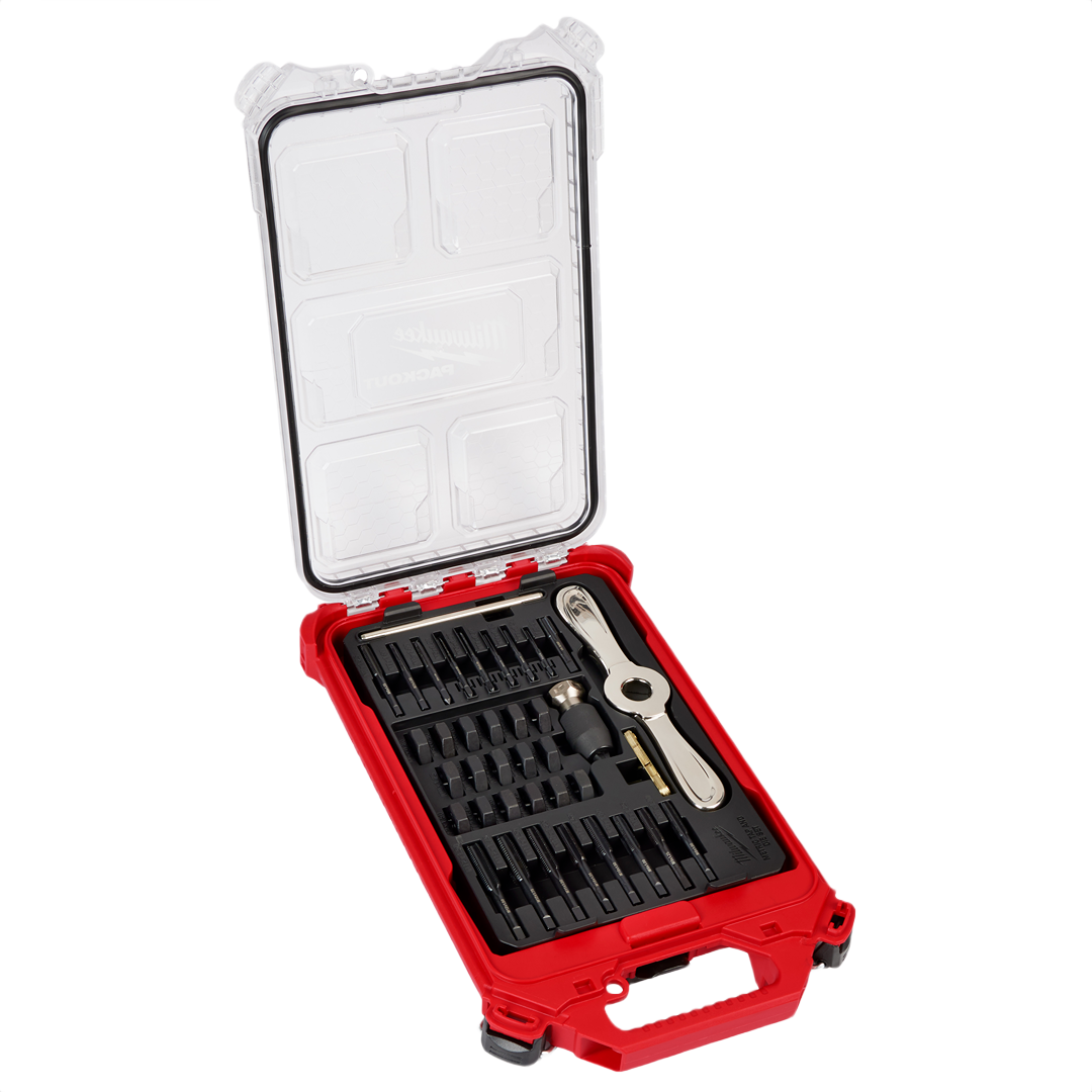 Red Milwaukee PACKOUT case with 38-piece metric tap and die set including Hex-LOK handle for tool accessories