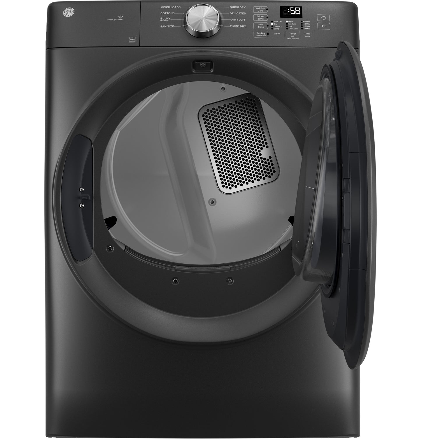 Front view of open black smart gas dryer with digital display and large drum from dryers and appliances collection