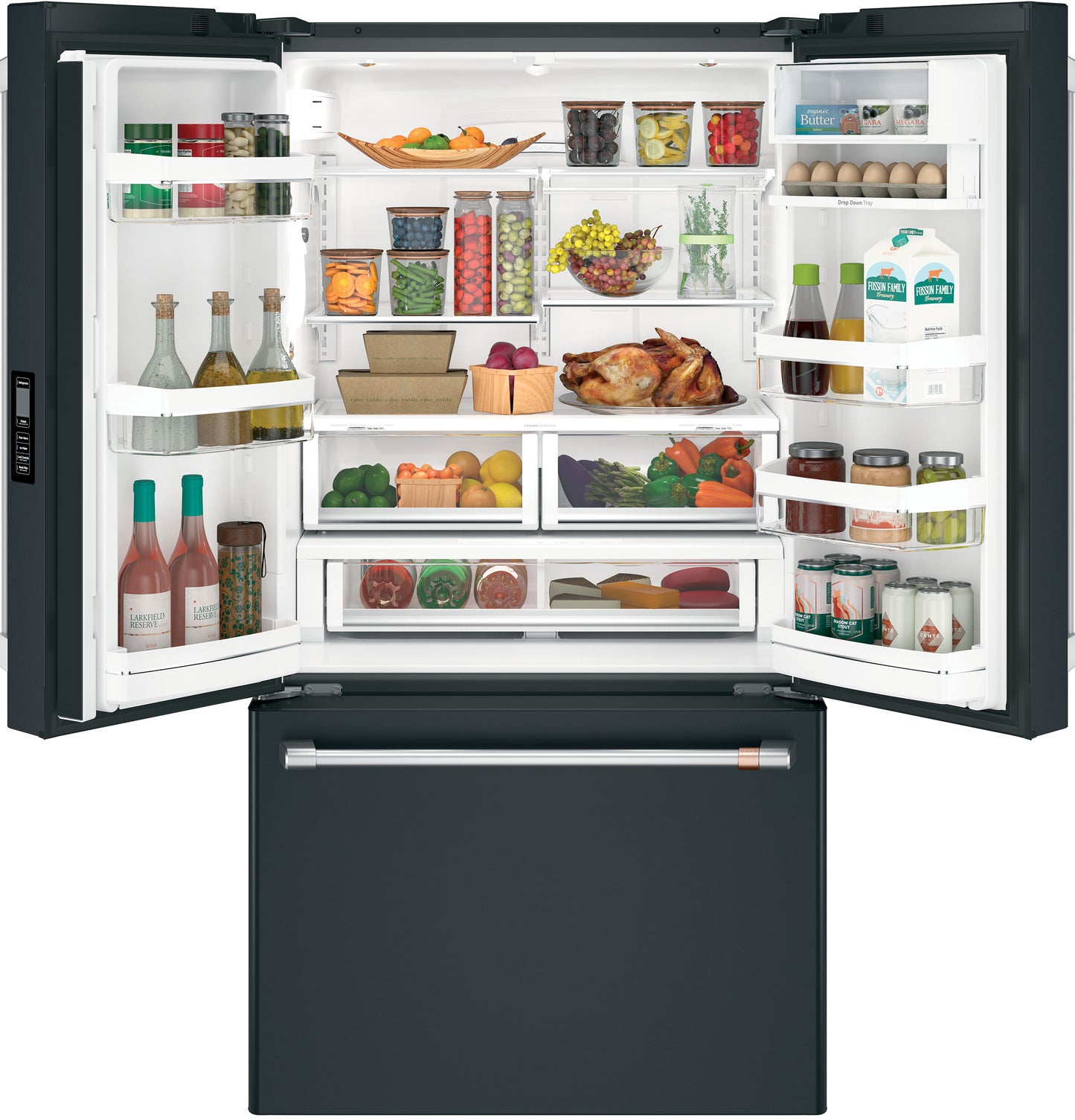 Open black smart French-door refrigerator with organized shelves holding groceries and beverages in kitchen appliance collection
