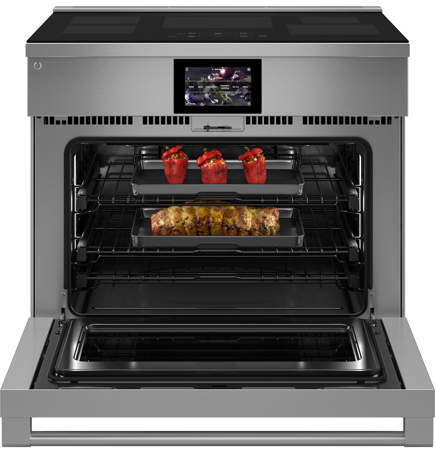 Open stainless steel oven with digital display, two racks, and trays cooking stuffed peppers and roast in Ranges collection