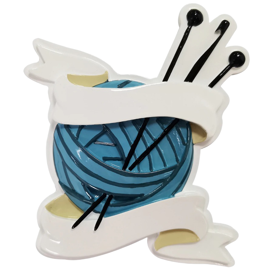 Blue knitting ball ornament with needles wrapped in blank white ribbon from Christmas Ornaments & Tree Decorations collection