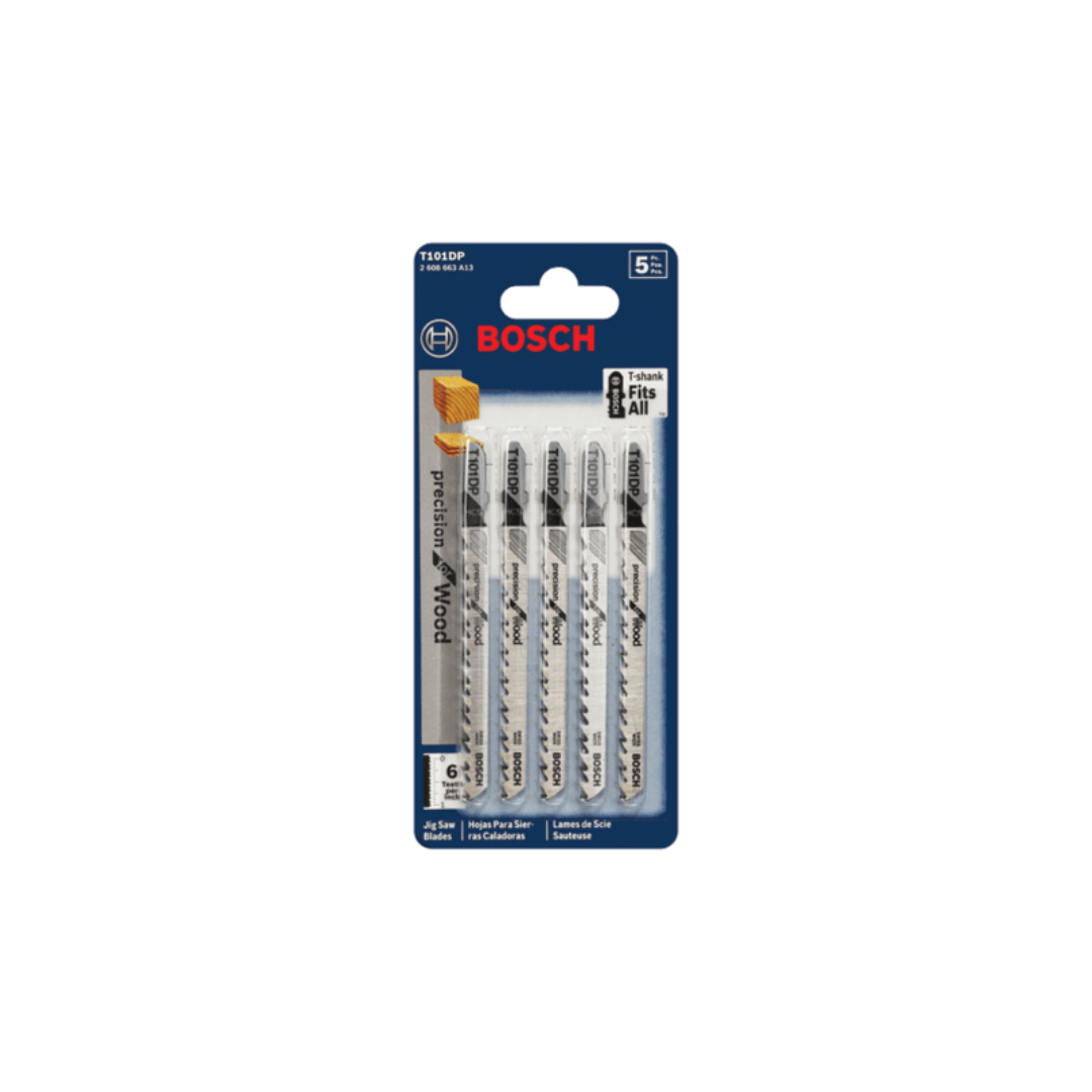 Pack of five Bosch 4 inch T-shank jigsaw blades designed for precise wood cutting in home improvement projects