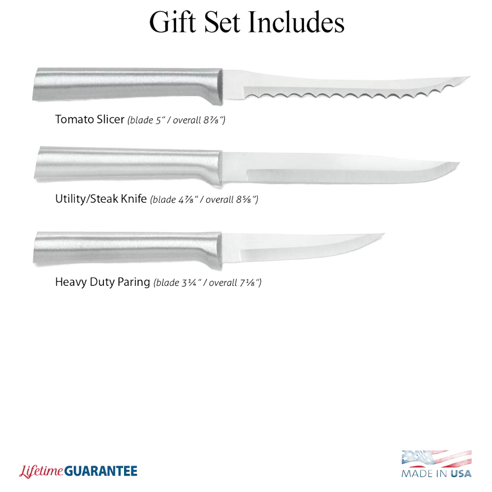 Three-piece stainless steel cooking knife set with serrated, utility, and paring blades, Kitchenware and Utensils collection