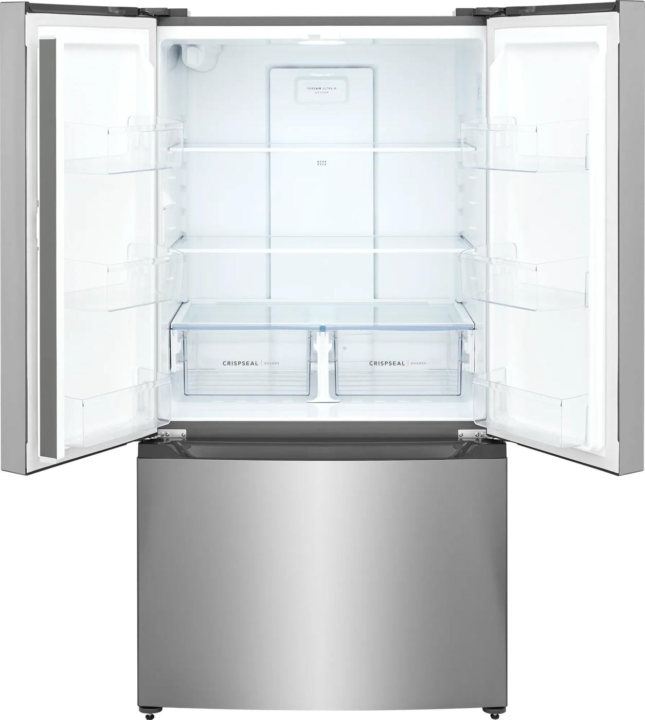 Open counter-depth French door refrigerator with adjustable glass shelves and clear crispers from kitchen appliances collection