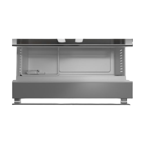Open drawer freezer compartment with sliding shelves and storage space in kitchen appliances collection