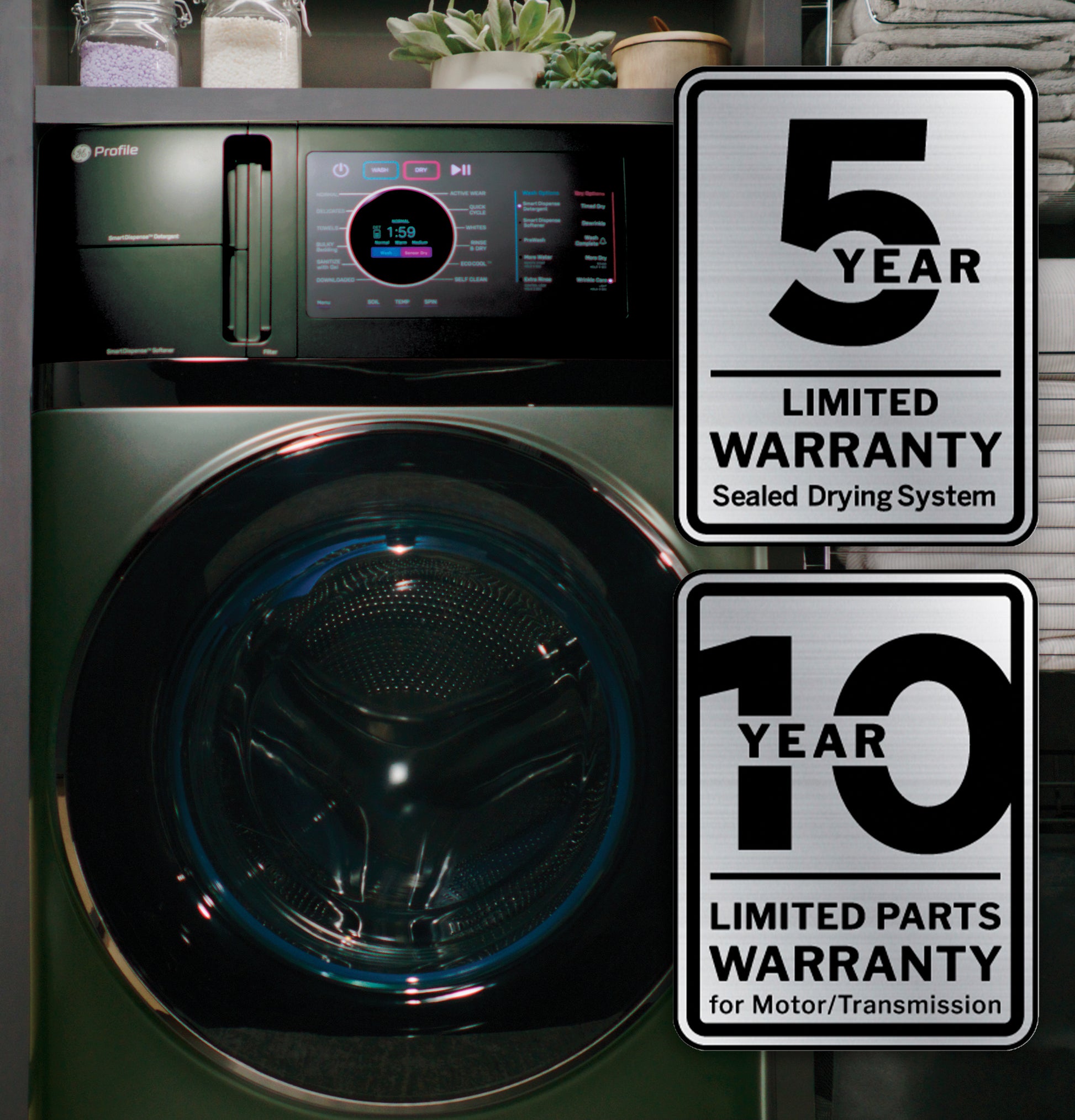 Dark finish front load washer/dryer combo with digital touch controls and warranty badges for drying system and motor parts.