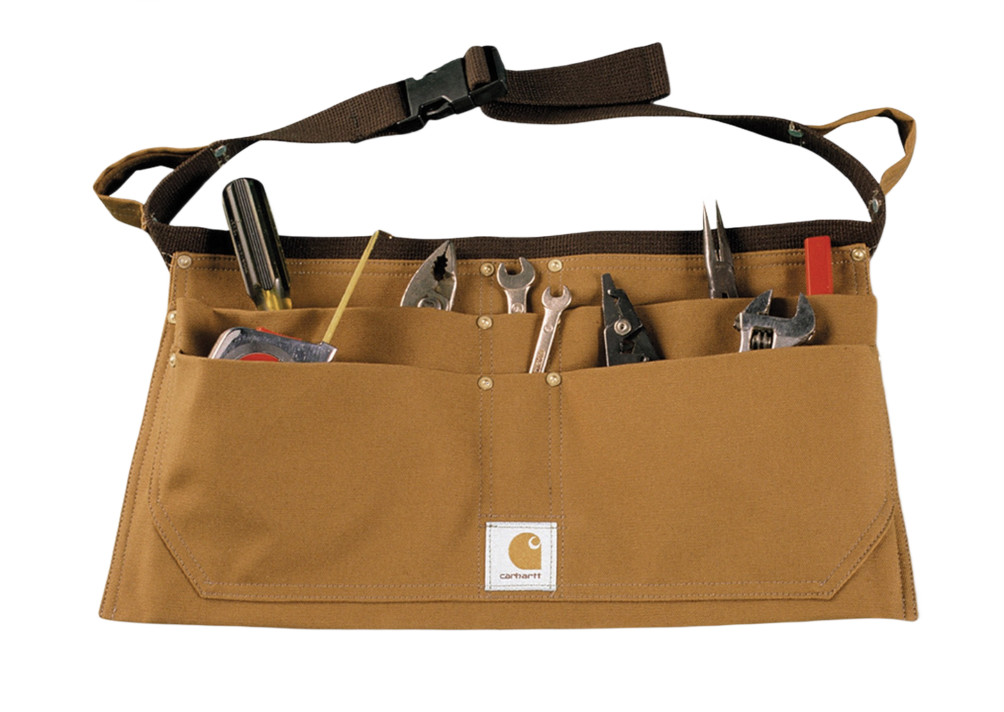 Brown tool apron with adjustable belt, multiple pockets holding various hand tools for home improvement tasks