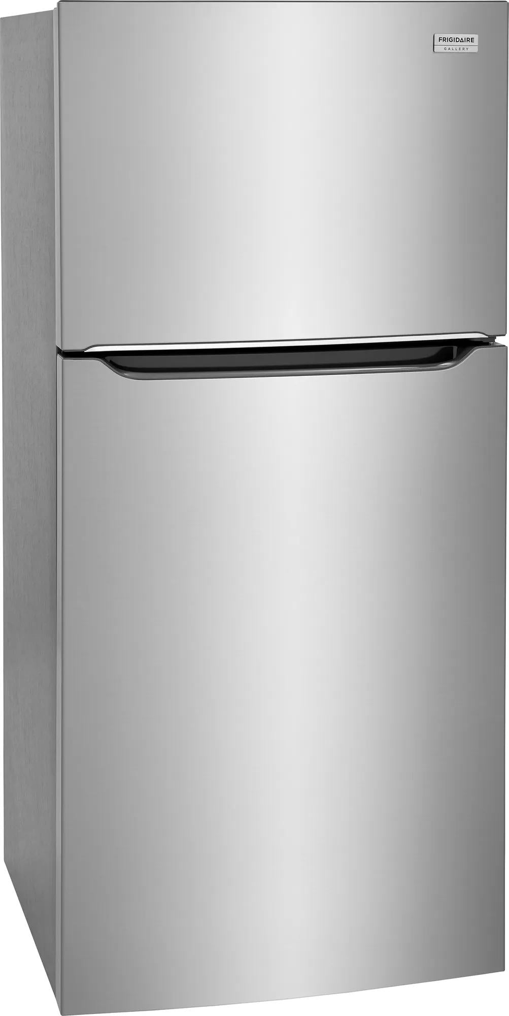 Stainless steel top freezer refrigerator with recessed handles, ideal for garage and kitchen appliance collections