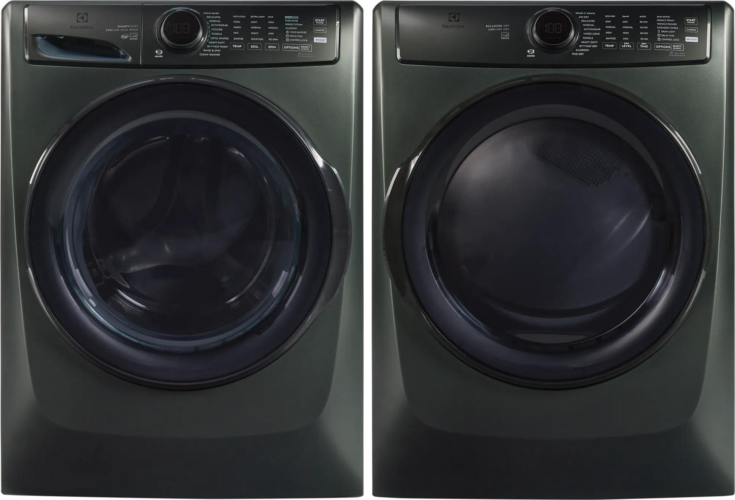 Pair of dark gray front load electric washer and dryer with digital controls in washers and dryers collection