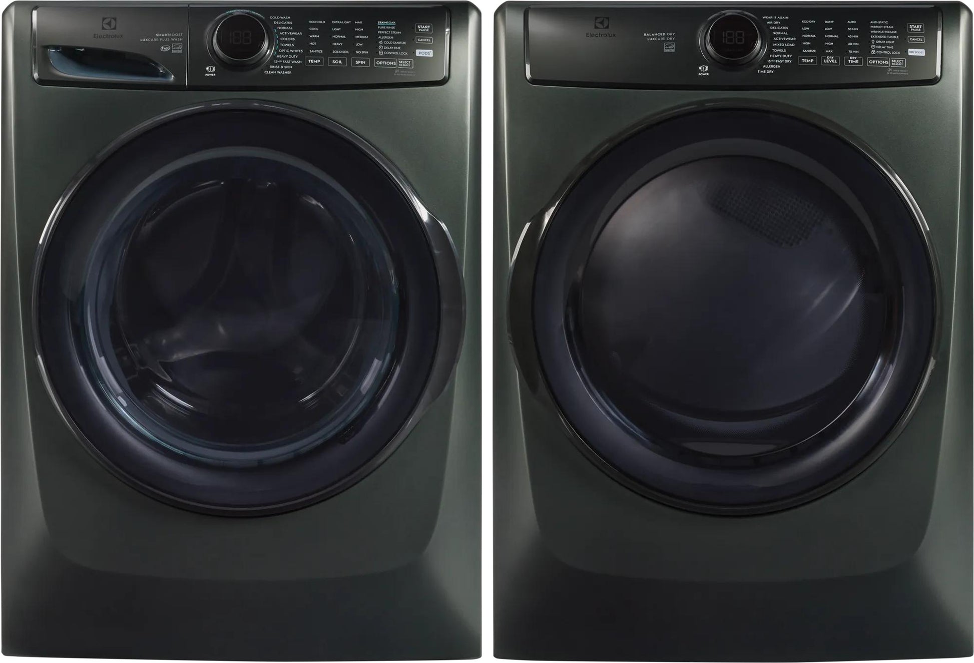 Pair of dark gray front load electric washer and dryer with digital controls in washers and dryers collection