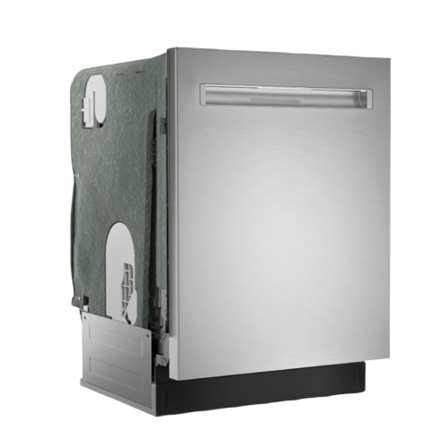 Three-quarter view of a stainless steel built-in dishwasher with recessed handle and black base panel, part of Dishwashers, Built-in Dishwashers, Kitchen & Kitchenware, All Products, and Appliances collections.