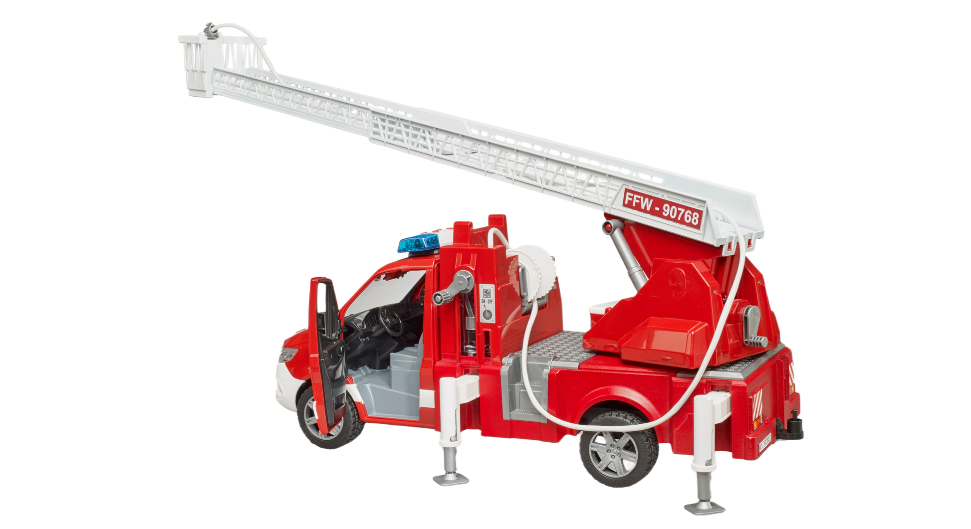 Red Bruder MB Sprinter model fire engine with raised extendable ladder and stabilizing supports for play and home improvement tasks