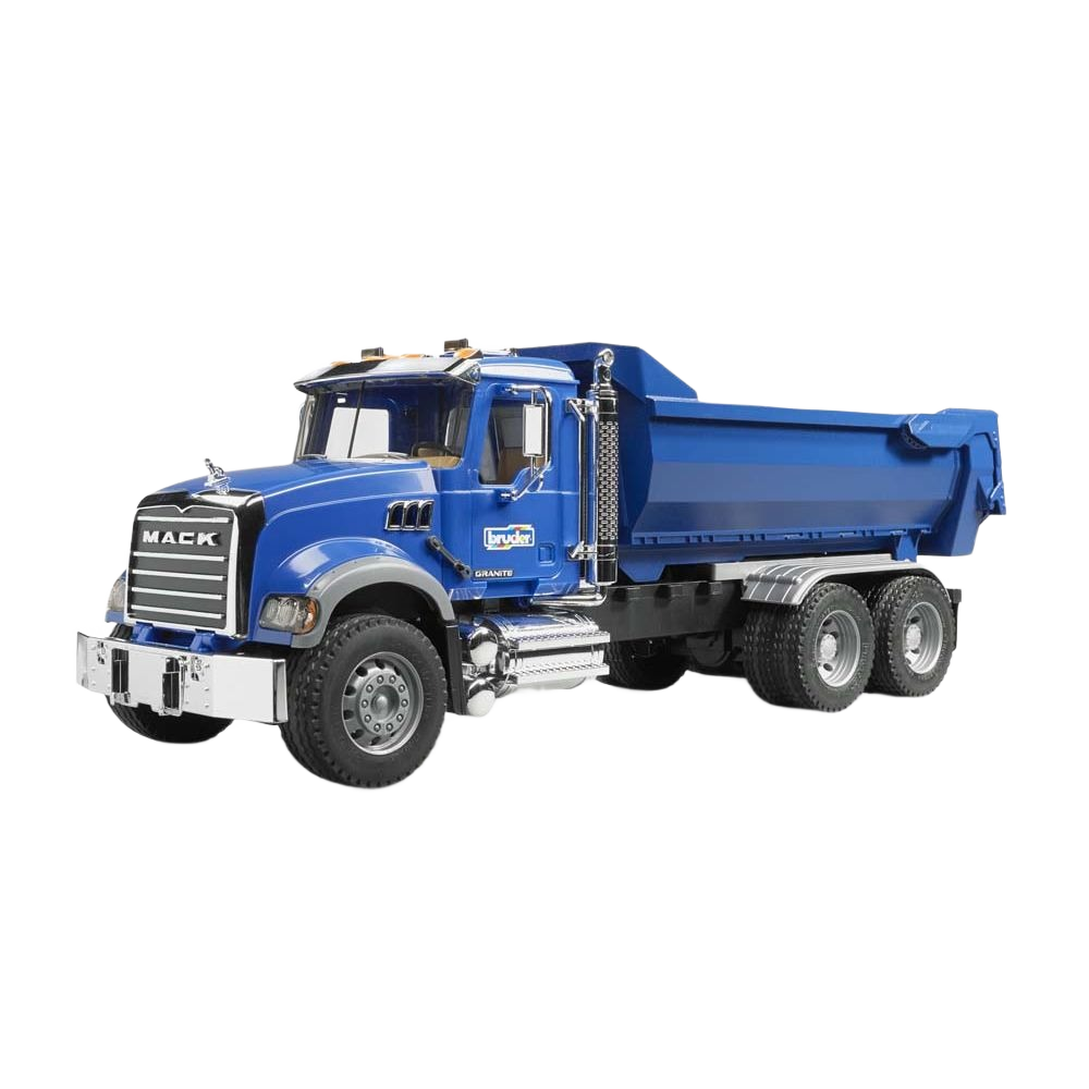 Blue Bruder 1:16 scale MACK Granite halfpipe dump truck toy with detailed cab and functional tipping bed