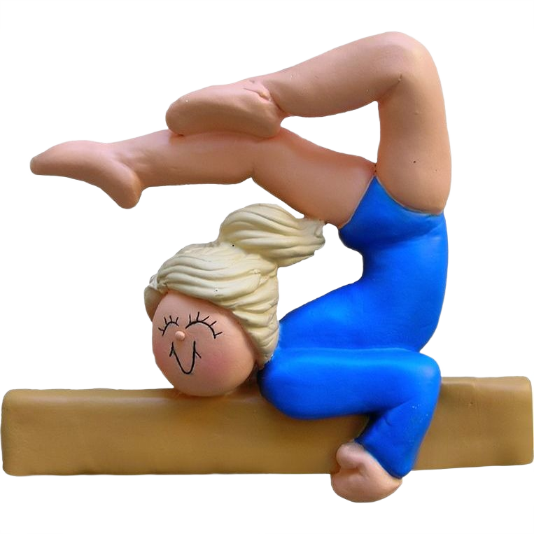 Blonde female gymnast figurine in blue leotard performing pose on balance beam, Christmas decoration under $50 collection