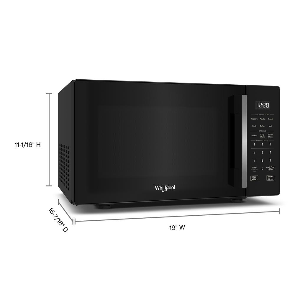 Black countertop microwave with digital touch controls and LED display in kitchen appliance setting