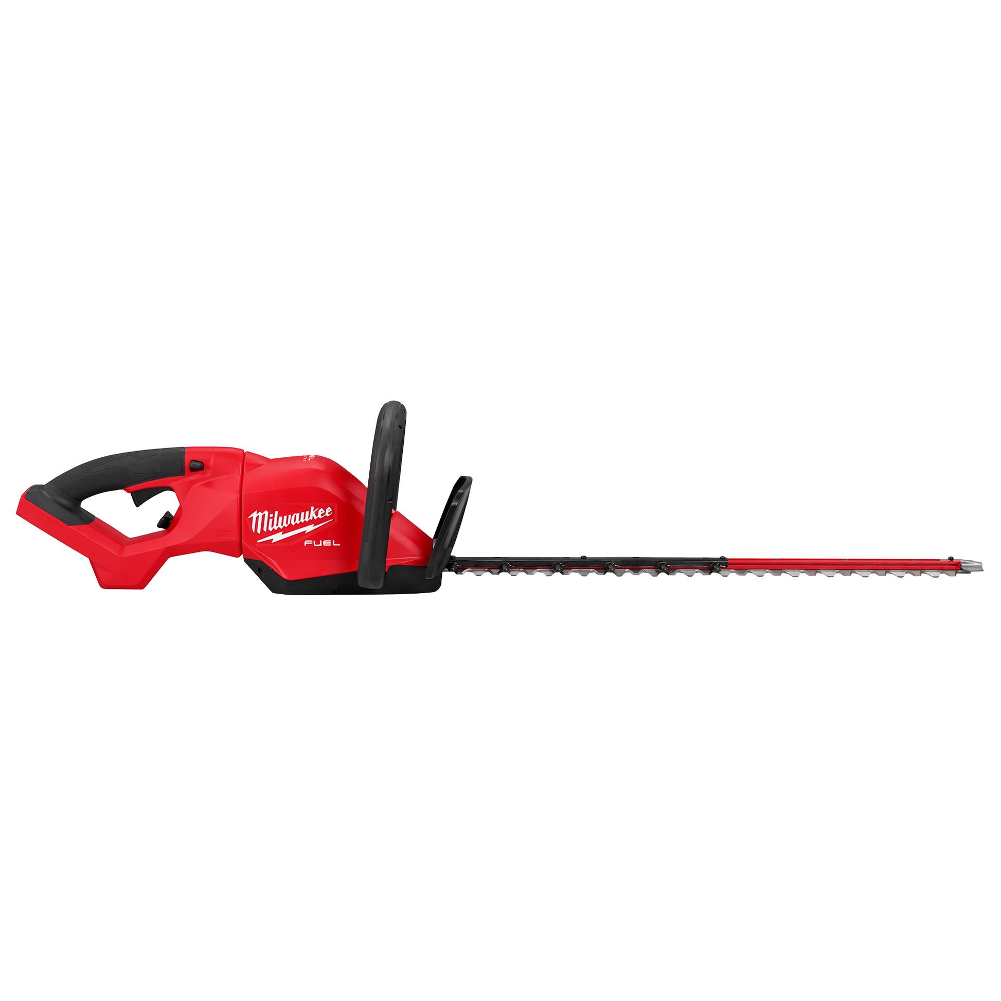Red cordless hedge trimmer with 24-inch blade and ergonomic grip designed for home improvement tools and outdoor use