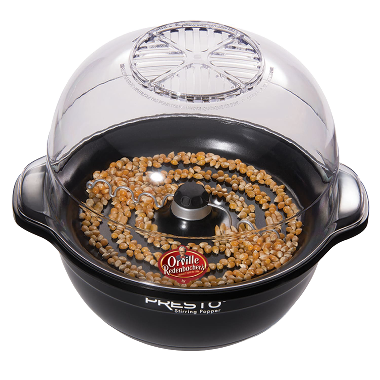 Black stirring popcorn maker with clear dome lid and removable mixing arm for small kitchen appliances use