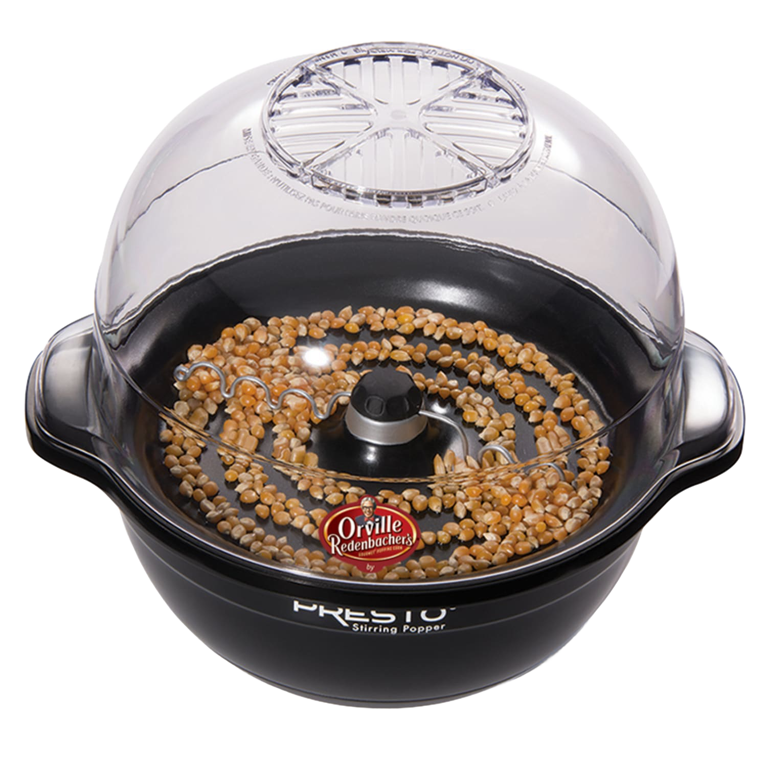 Black stirring popcorn maker with clear dome lid and removable mixing arm for small kitchen appliances use