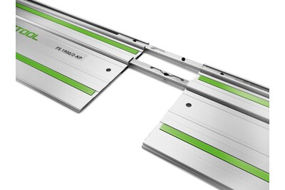 Aluminum Festool guide rail with green accents connected for extended length in woodworking tool accessories collection