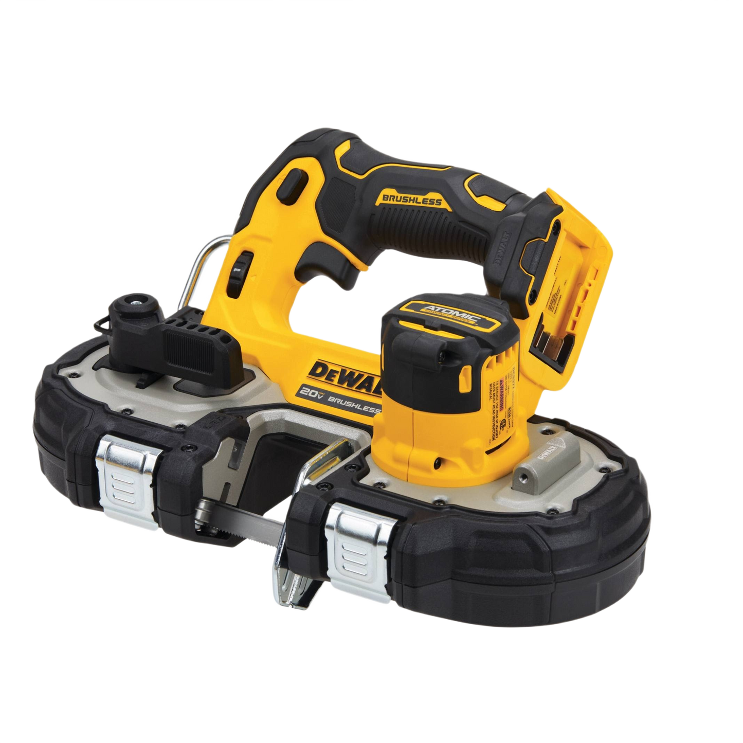Compact cordless band saw in yellow and black with brushless motor for battery powered power tools collection