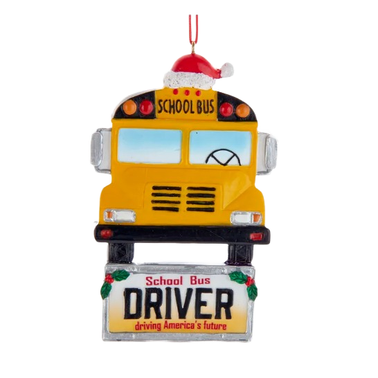 Yellow school bus ornament with red Santa hat and license plate reading "Driver driving America’s future