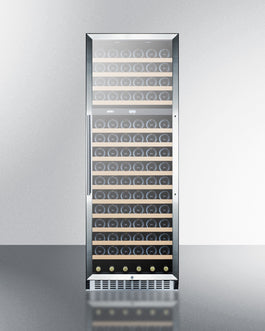 Tall stainless steel wine cellar with glass door and wooden shelves storing multiple wine bottles in kitchen appliance setting