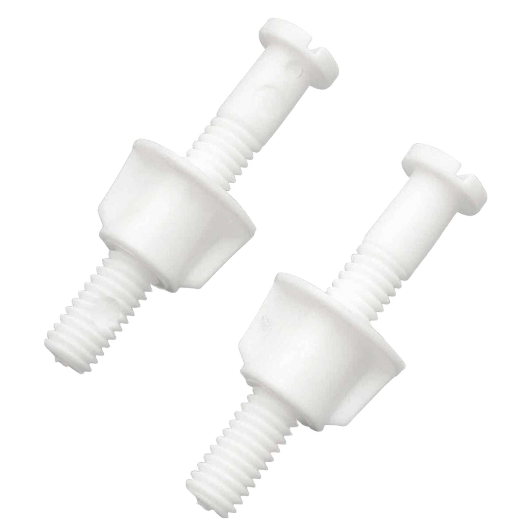 Pair of white plastic hinge bolts with threaded shafts for toilet seat installation and home improvement tasks