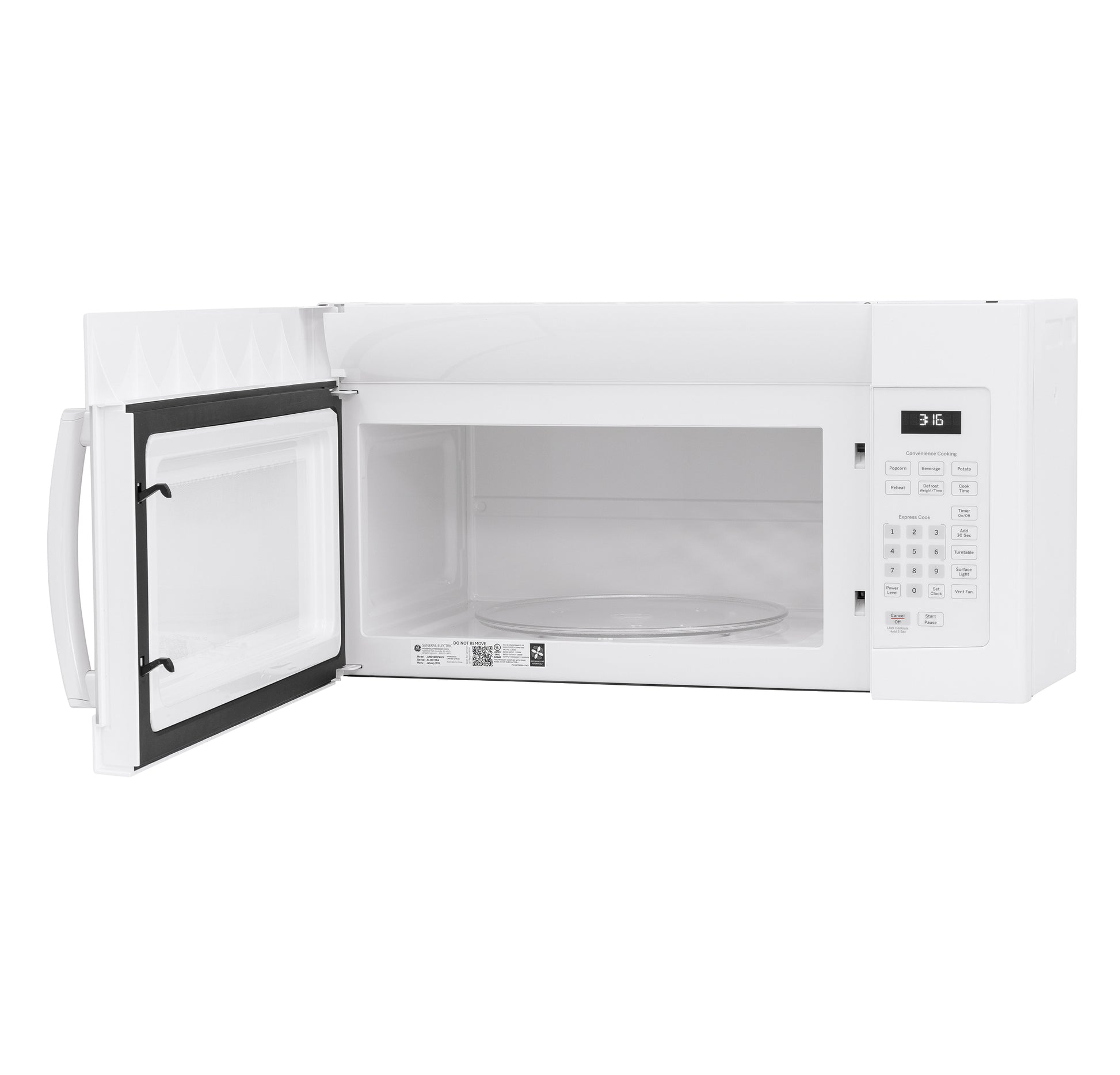 White over-the-range microwave with digital keypad and open door in Microwaves and Kitchen & Kitchenware collections