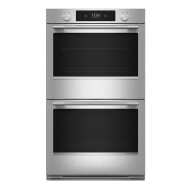 Front view of a 30-inch smart electric double wall oven with stainless steel finish, digital controls, and large viewing windows, part of KitchenAid appliances and home improvement collections.