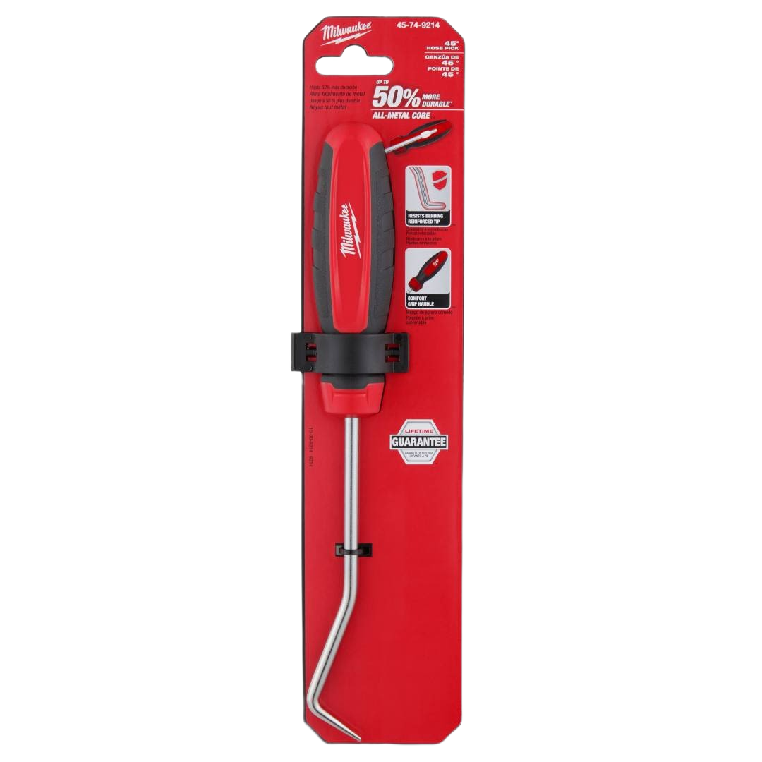 Red and black Milwaukee tool with ergonomic grip and angled metal shaft designed for precision tasks in home improvement