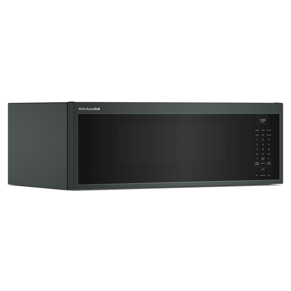 Sleek dark low profile microwave with touch controls and digital display for kitchen appliances and home improvement