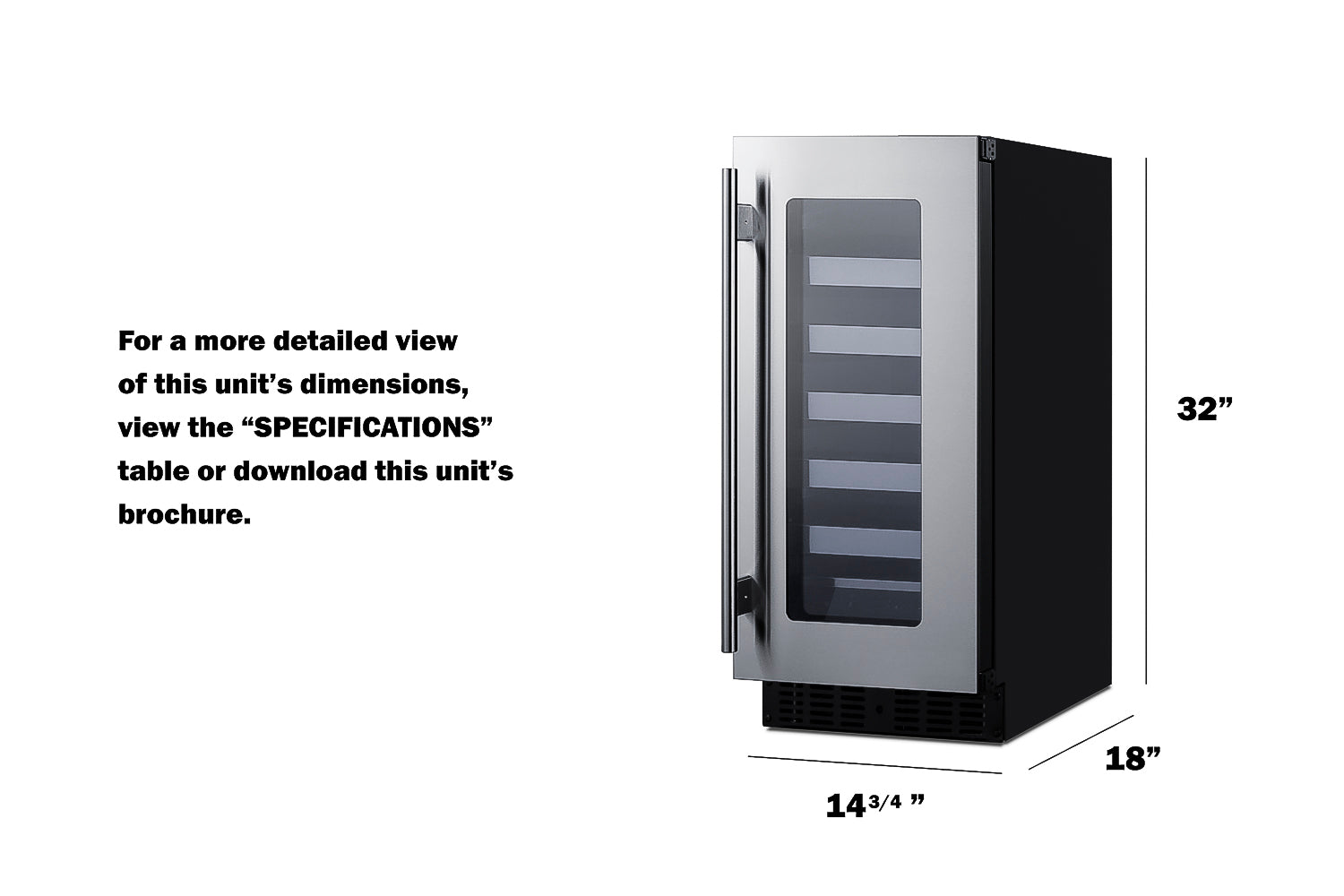 Compact stainless steel built-in wine cellar with glass door and handle, shown with dimensions for kitchen appliance setting