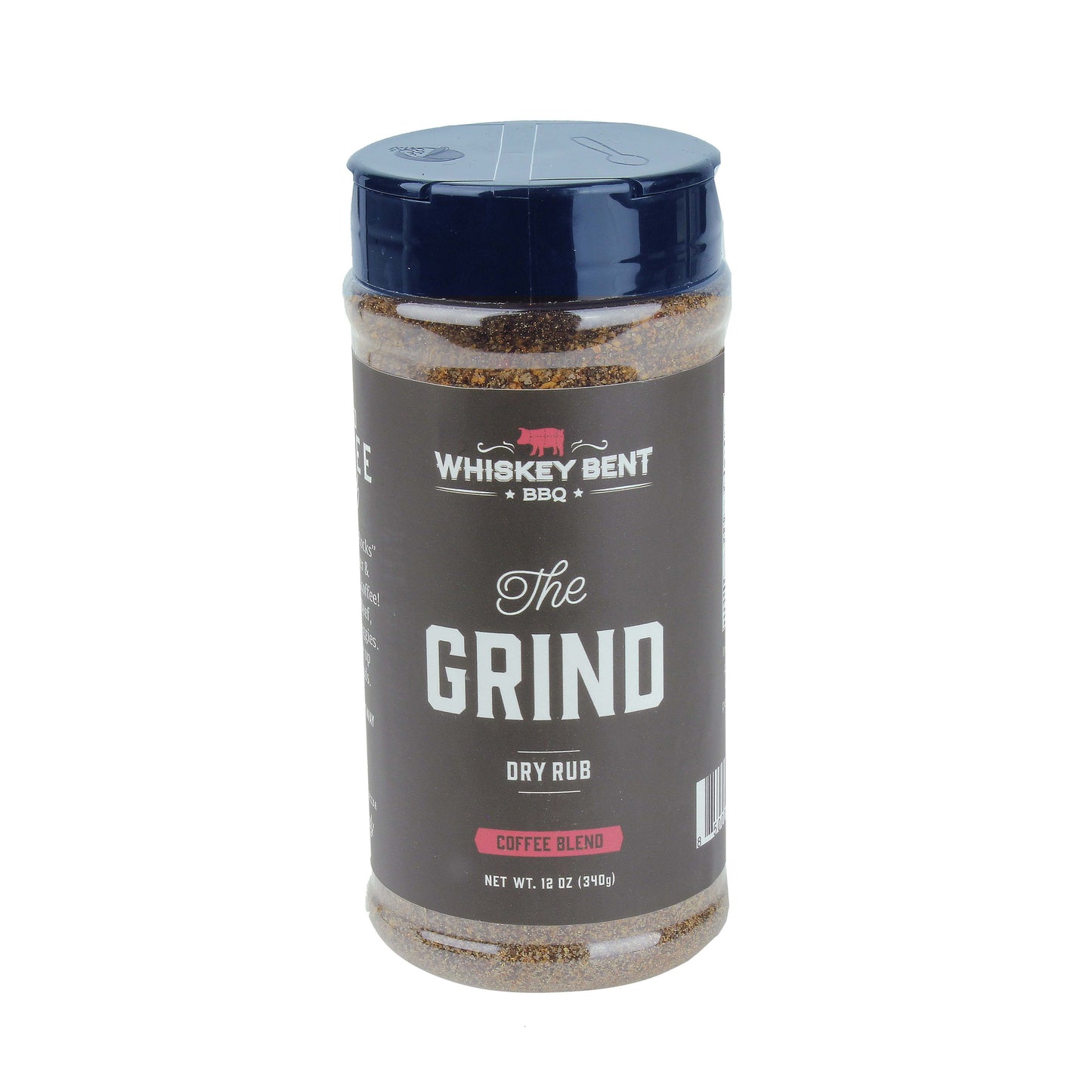 Plastic jar of Whiskey Bent BBQ coffee blended dry rub for grilling in BBQ Sauces & Rubs and Outdoor Living collections