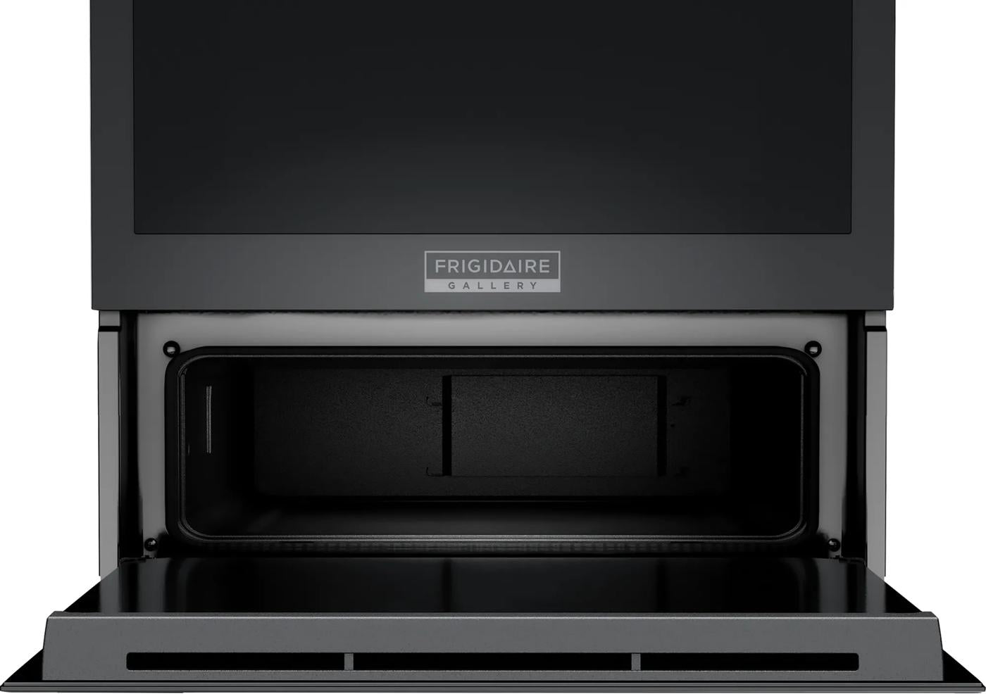Black electric wall oven with open door and spacious interior from kitchen appliances and wall ovens collection
