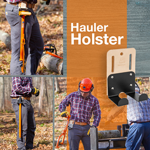Leather and metal hauler holster with dual hooks for secure tool carrying during outdoor home improvement tasks