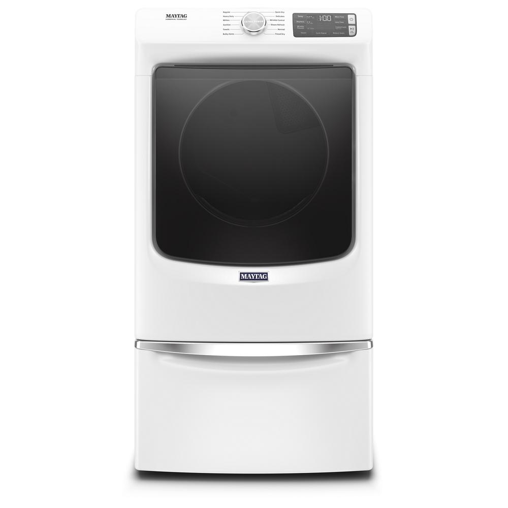 White front load gas dryer with large black door and digital display panel from Dryers and Appliances collections