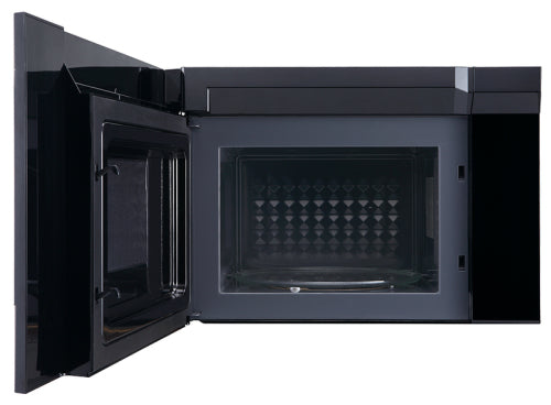 Black over-the-range microwave oven with open door revealing a spacious interior for kitchen and appliances collection