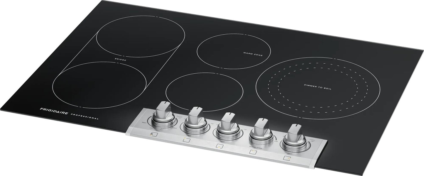 Black 30-inch electric cooktop with five radiant burners and stainless steel control knobs from Cooktops collection