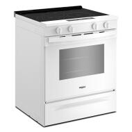 Angled view of a white 30-inch electric range featuring four control knobs, smooth glass cooktop, and large oven window, ideal for ranges, electric ranges, kitchen & kitchenware, appliances, and home improvement collections.